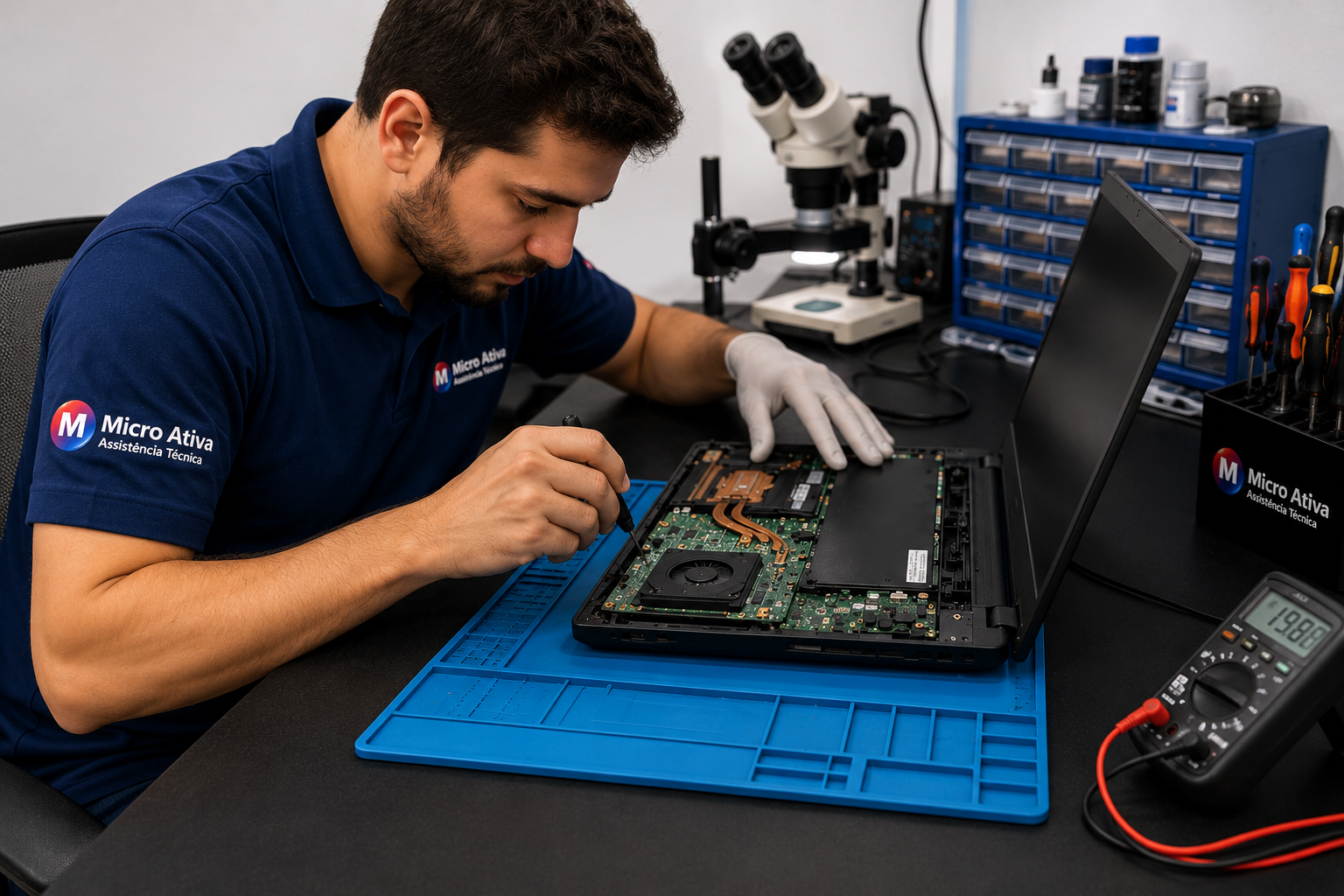 Técnico realizando manutenção em notebook